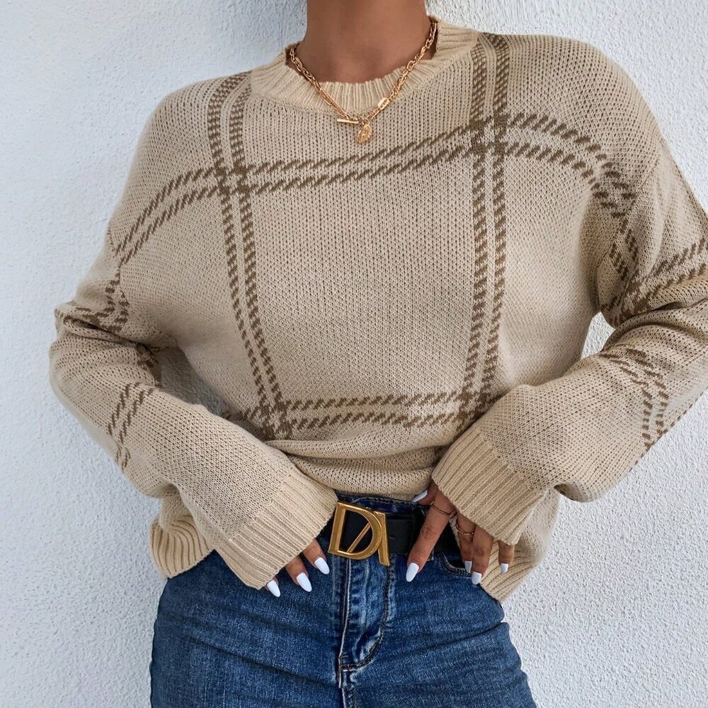 Apricot Women's Casual Plaid Drop Shoulder Sweater